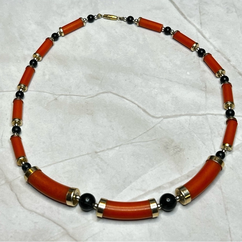 Unique Orange and Black Beaded Necklace with Gold Tone Accents